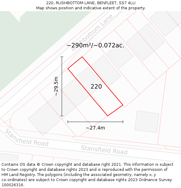 220, RUSHBOTTOM LANE, BENFLEET, SS7 4LU: Plot and title map