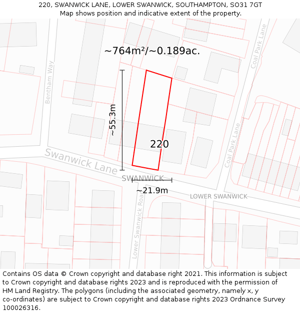 220, SWANWICK LANE, LOWER SWANWICK, SOUTHAMPTON, SO31 7GT: Plot and title map