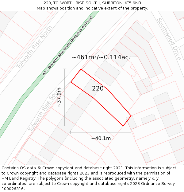 220, TOLWORTH RISE SOUTH, SURBITON, KT5 9NB: Plot and title map