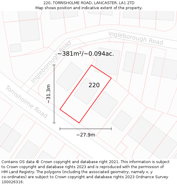 220, TORRISHOLME ROAD, LANCASTER, LA1 2TD: Plot and title map