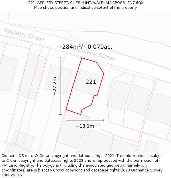 221, APPLEBY STREET, CHESHUNT, WALTHAM CROSS, EN7 6QX: Plot and title map