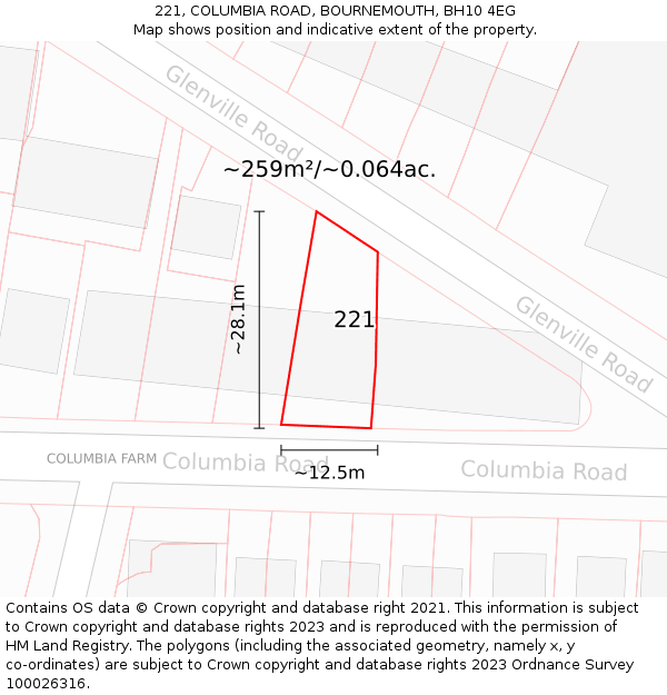 221, COLUMBIA ROAD, BOURNEMOUTH, BH10 4EG: Plot and title map