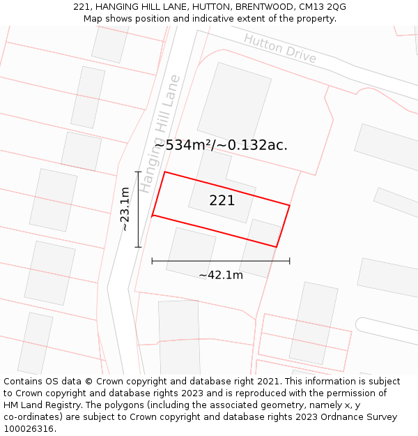 221, HANGING HILL LANE, HUTTON, BRENTWOOD, CM13 2QG: Plot and title map