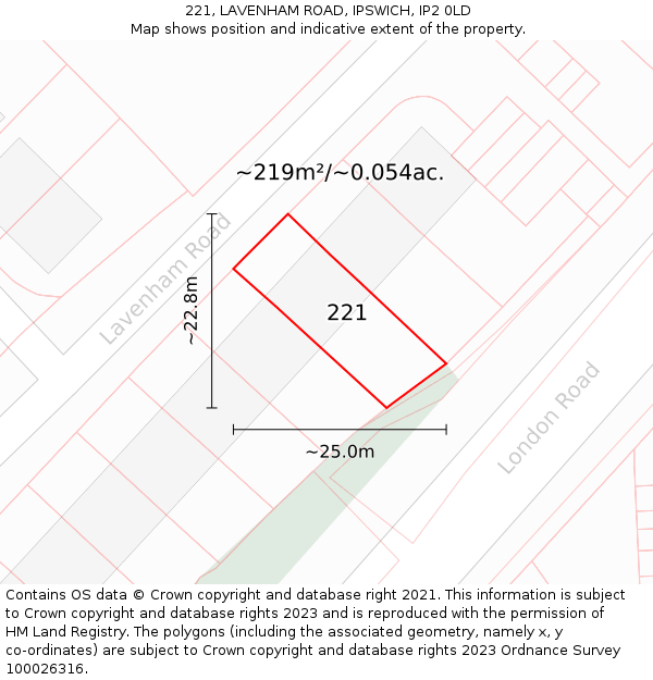 221, LAVENHAM ROAD, IPSWICH, IP2 0LD: Plot and title map