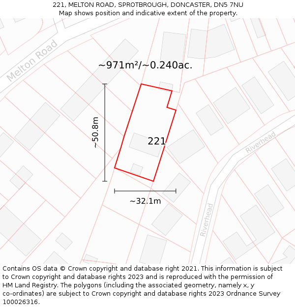 221, MELTON ROAD, SPROTBROUGH, DONCASTER, DN5 7NU: Plot and title map
