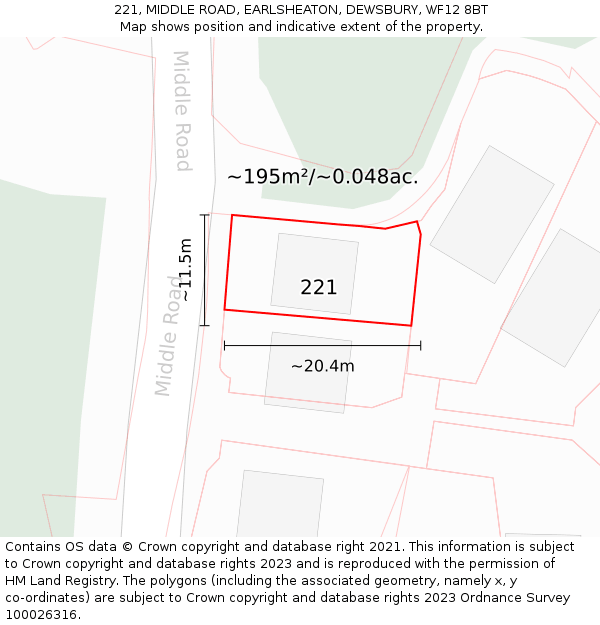 221, MIDDLE ROAD, EARLSHEATON, DEWSBURY, WF12 8BT: Plot and title map