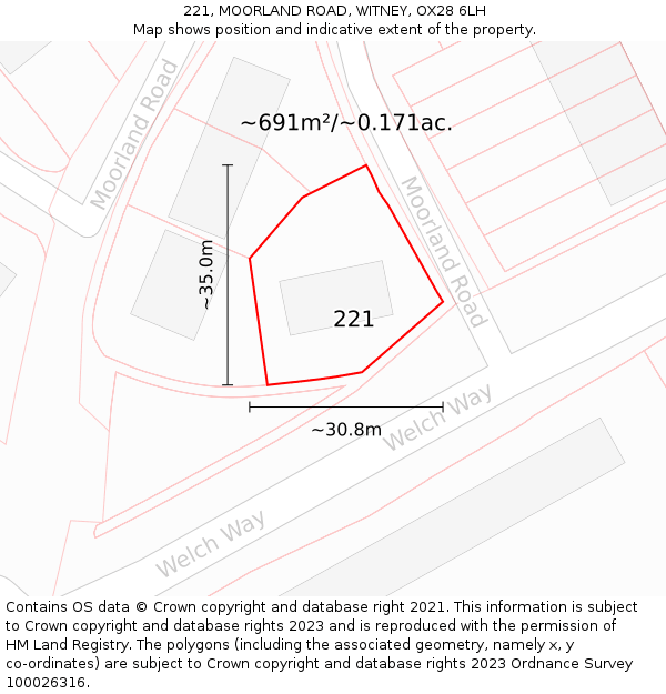 221, MOORLAND ROAD, WITNEY, OX28 6LH: Plot and title map