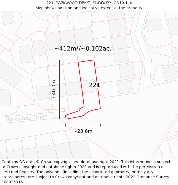 221, PARKWOOD DRIVE, SUDBURY, CO10 1LX: Plot and title map