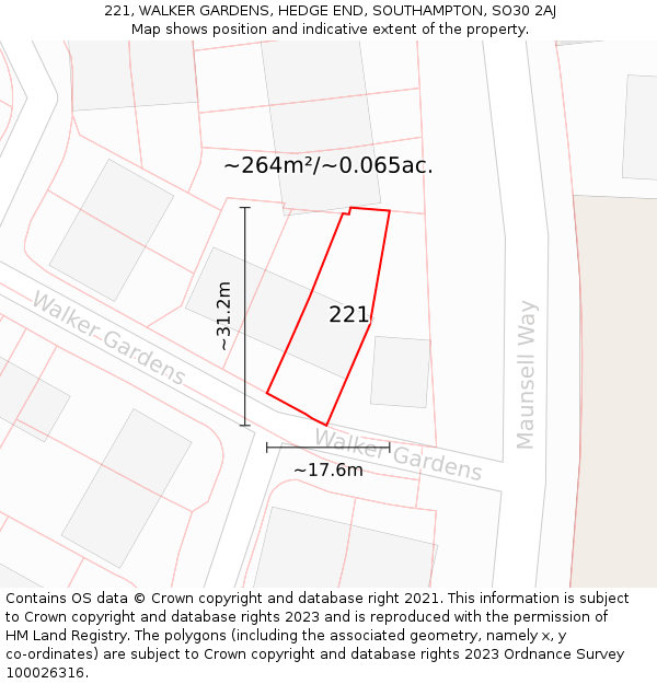 221, WALKER GARDENS, HEDGE END, SOUTHAMPTON, SO30 2AJ: Plot and title map