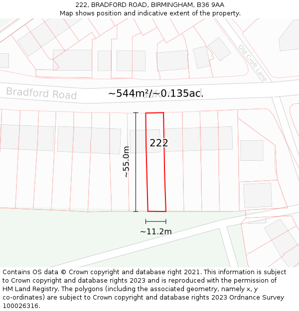 222, BRADFORD ROAD, BIRMINGHAM, B36 9AA: Plot and title map