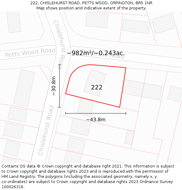 222, CHISLEHURST ROAD, PETTS WOOD, ORPINGTON, BR5 1NR: Plot and title map