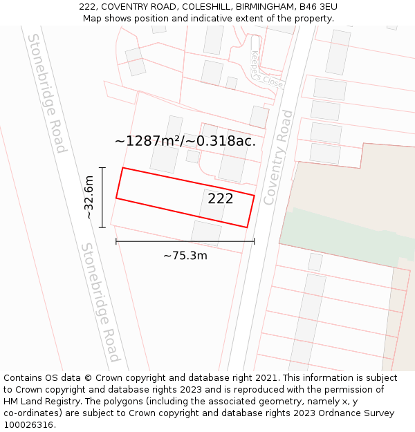 222, COVENTRY ROAD, COLESHILL, BIRMINGHAM, B46 3EU: Plot and title map