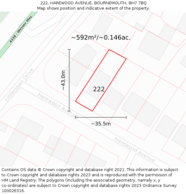 222, HAREWOOD AVENUE, BOURNEMOUTH, BH7 7BQ: Plot and title map