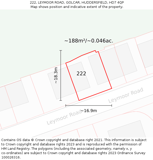 222, LEYMOOR ROAD, GOLCAR, HUDDERSFIELD, HD7 4QP: Plot and title map