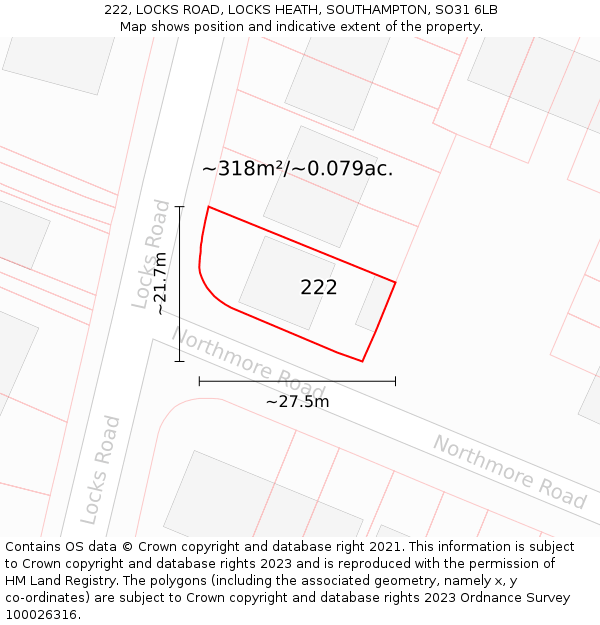 222, LOCKS ROAD, LOCKS HEATH, SOUTHAMPTON, SO31 6LB: Plot and title map