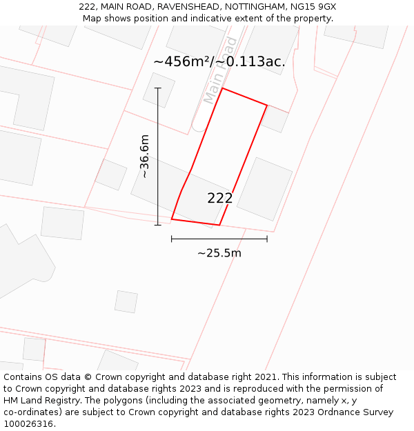 222, MAIN ROAD, RAVENSHEAD, NOTTINGHAM, NG15 9GX: Plot and title map