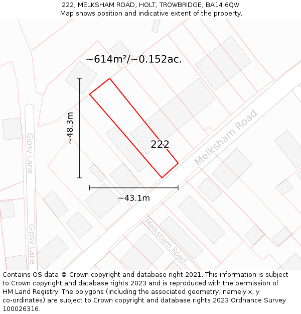 222, MELKSHAM ROAD, HOLT, TROWBRIDGE, BA14 6QW: Plot and title map
