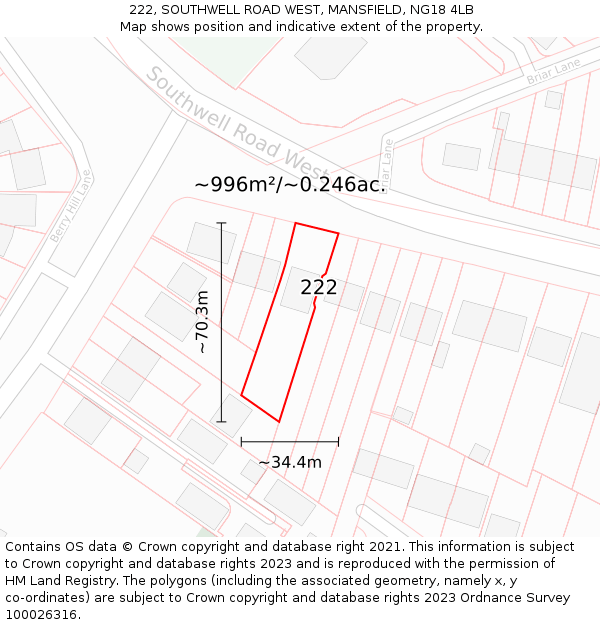 222, SOUTHWELL ROAD WEST, MANSFIELD, NG18 4LB: Plot and title map