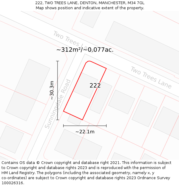 222, TWO TREES LANE, DENTON, MANCHESTER, M34 7GL: Plot and title map