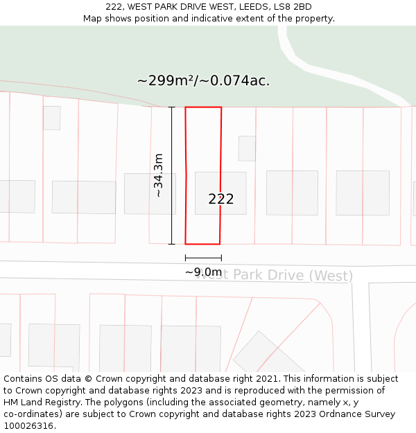 222, WEST PARK DRIVE WEST, LEEDS, LS8 2BD: Plot and title map
