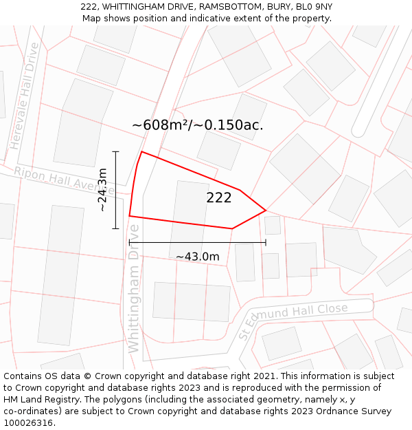 222, WHITTINGHAM DRIVE, RAMSBOTTOM, BURY, BL0 9NY: Plot and title map