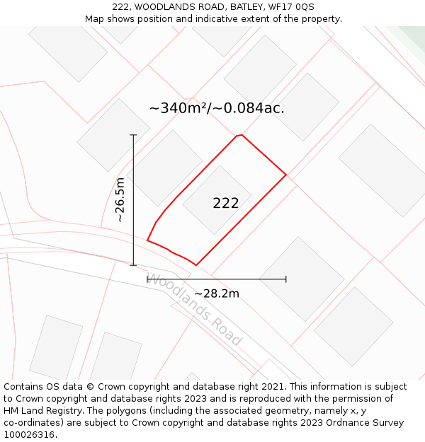 222, WOODLANDS ROAD, BATLEY, WF17 0QS: Plot and title map