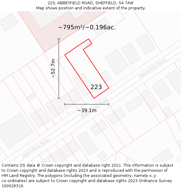 223, ABBEYFIELD ROAD, SHEFFIELD, S4 7AW: Plot and title map