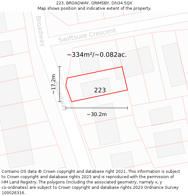 223, BROADWAY, GRIMSBY, DN34 5QX: Plot and title map