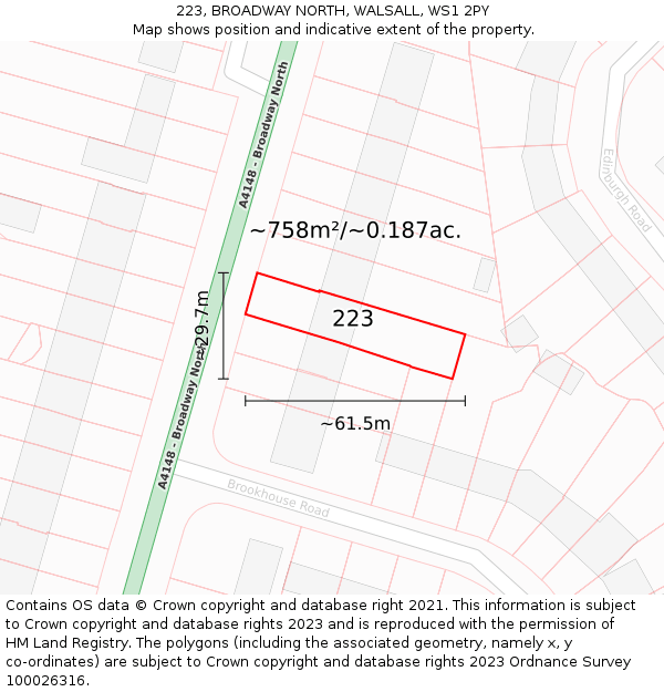 223, BROADWAY NORTH, WALSALL, WS1 2PY: Plot and title map