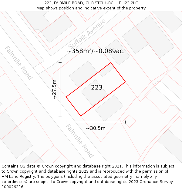 223, FAIRMILE ROAD, CHRISTCHURCH, BH23 2LG: Plot and title map
