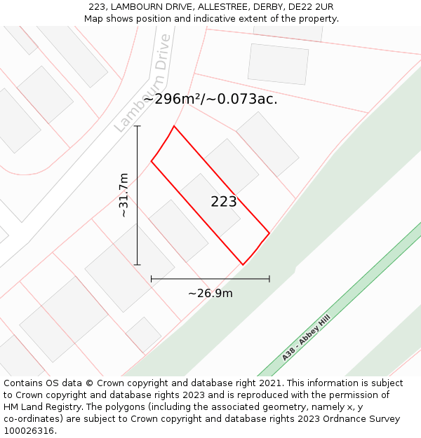 223, LAMBOURN DRIVE, ALLESTREE, DERBY, DE22 2UR: Plot and title map