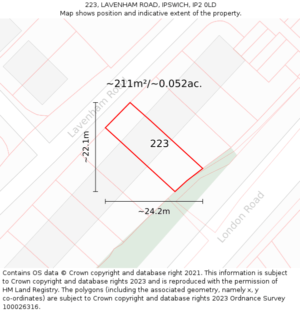 223, LAVENHAM ROAD, IPSWICH, IP2 0LD: Plot and title map