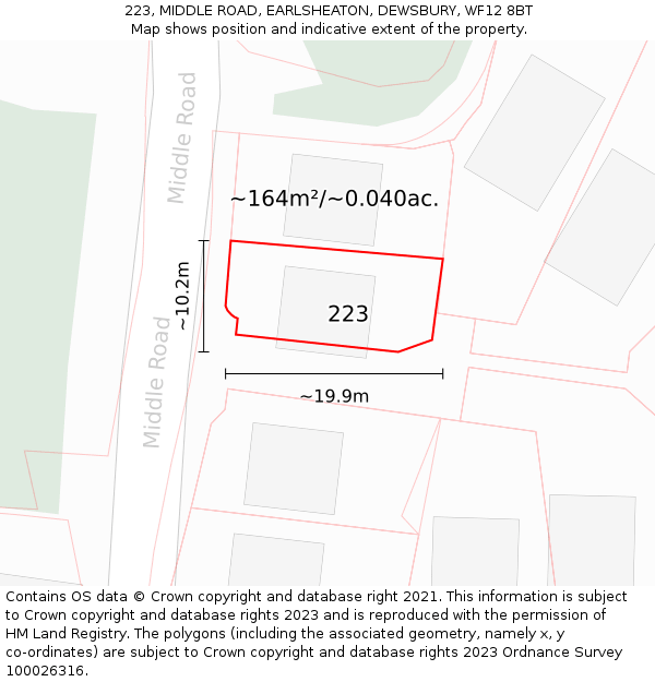 223, MIDDLE ROAD, EARLSHEATON, DEWSBURY, WF12 8BT: Plot and title map