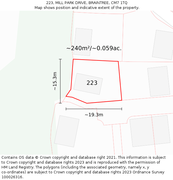 223, MILL PARK DRIVE, BRAINTREE, CM7 1TQ: Plot and title map