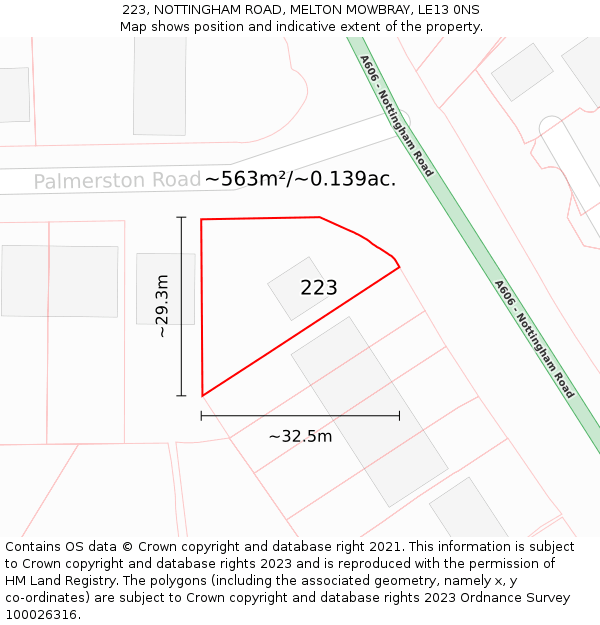 223, NOTTINGHAM ROAD, MELTON MOWBRAY, LE13 0NS: Plot and title map