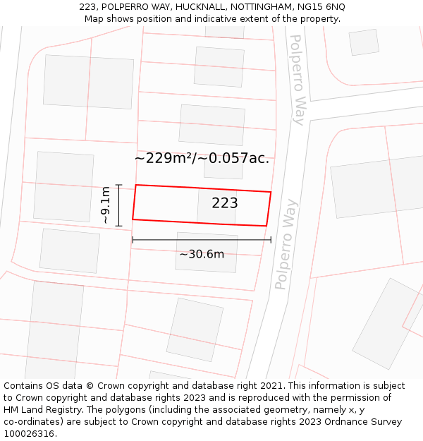 223, POLPERRO WAY, HUCKNALL, NOTTINGHAM, NG15 6NQ: Plot and title map