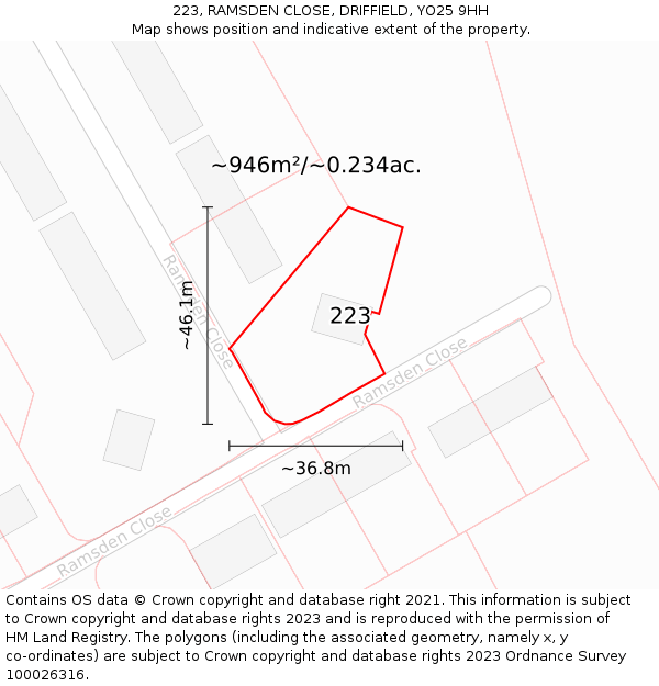 223, RAMSDEN CLOSE, DRIFFIELD, YO25 9HH: Plot and title map