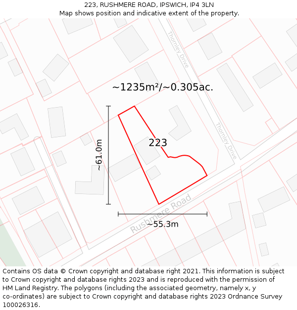 223, RUSHMERE ROAD, IPSWICH, IP4 3LN: Plot and title map