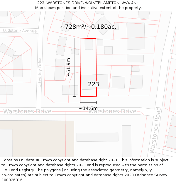 223, WARSTONES DRIVE, WOLVERHAMPTON, WV4 4NH: Plot and title map