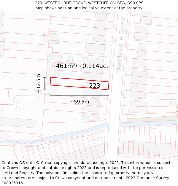 223, WESTBOURNE GROVE, WESTCLIFF-ON-SEA, SS0 0PS: Plot and title map