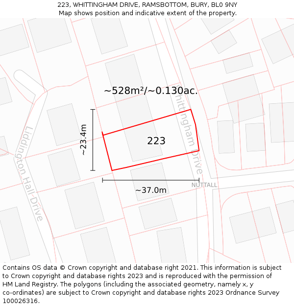 223, WHITTINGHAM DRIVE, RAMSBOTTOM, BURY, BL0 9NY: Plot and title map