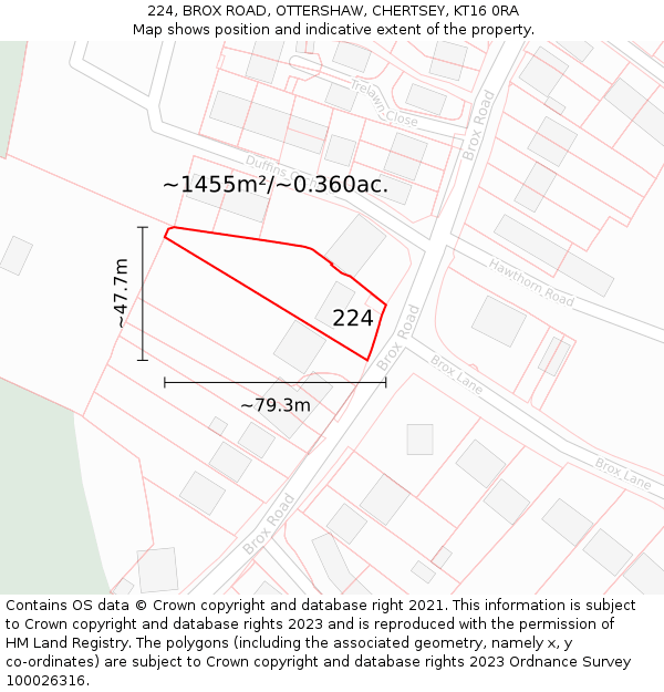 224, BROX ROAD, OTTERSHAW, CHERTSEY, KT16 0RA: Plot and title map