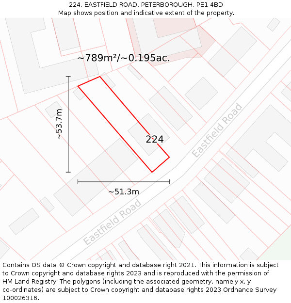 224, EASTFIELD ROAD, PETERBOROUGH, PE1 4BD: Plot and title map
