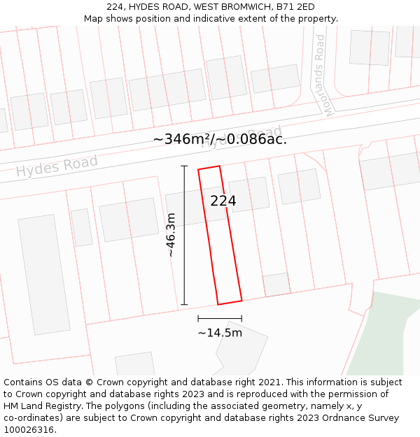 224, HYDES ROAD, WEST BROMWICH, B71 2ED: Plot and title map