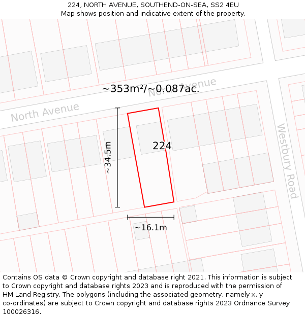224, NORTH AVENUE, SOUTHEND-ON-SEA, SS2 4EU: Plot and title map
