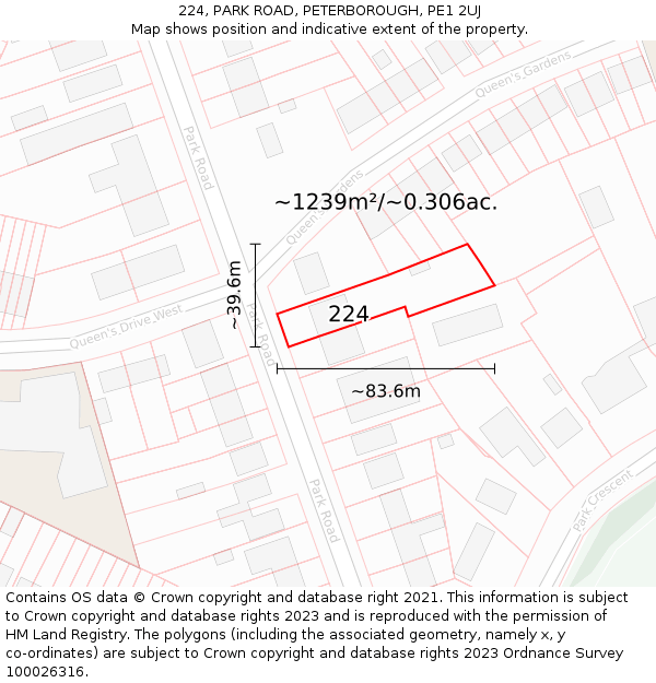 224, PARK ROAD, PETERBOROUGH, PE1 2UJ: Plot and title map