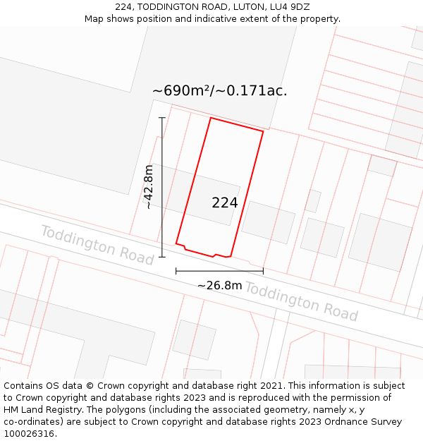 224, TODDINGTON ROAD, LUTON, LU4 9DZ: Plot and title map