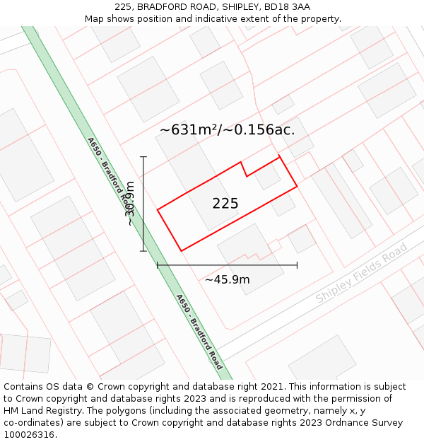 225, BRADFORD ROAD, SHIPLEY, BD18 3AA: Plot and title map