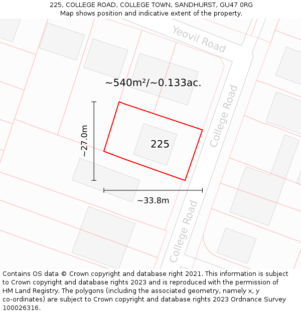 225, COLLEGE ROAD, COLLEGE TOWN, SANDHURST, GU47 0RG: Plot and title map