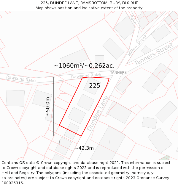 225, DUNDEE LANE, RAMSBOTTOM, BURY, BL0 9HF: Plot and title map
